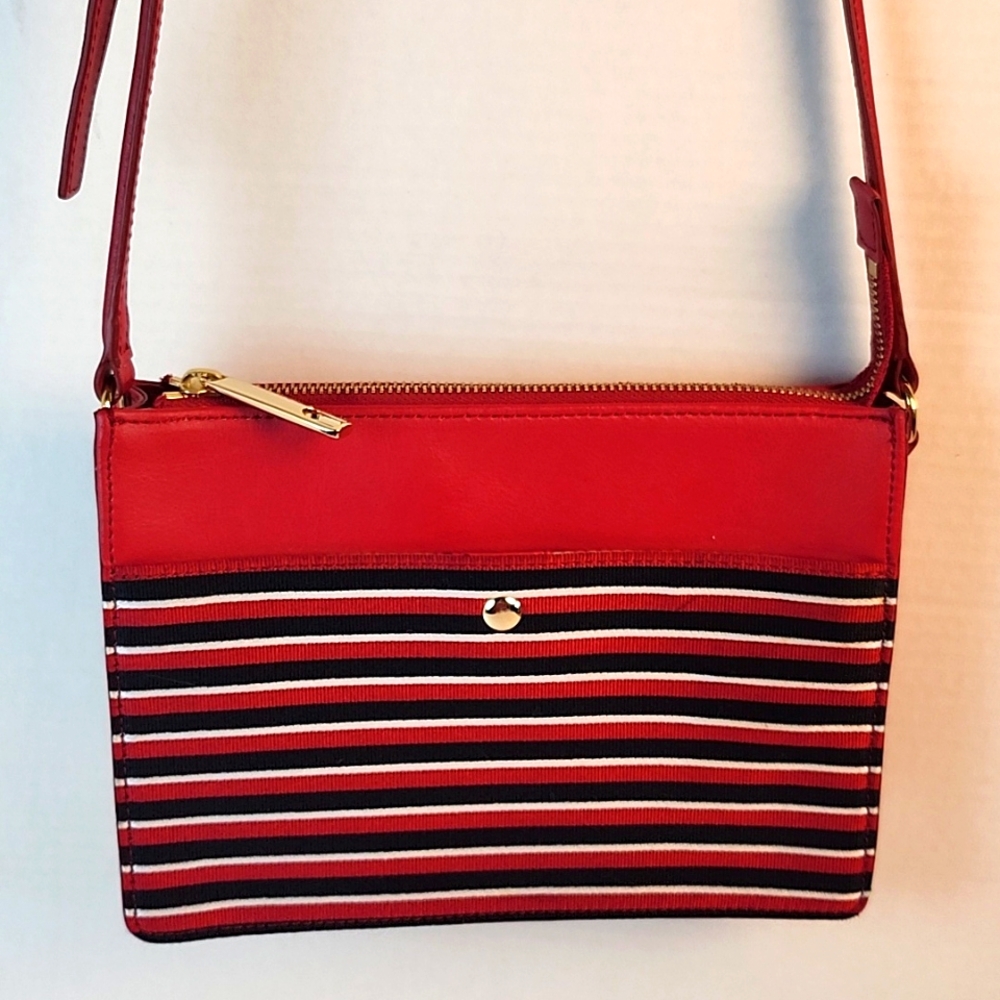 Talbots Classic crossbody bag- red leather & striped fabric front